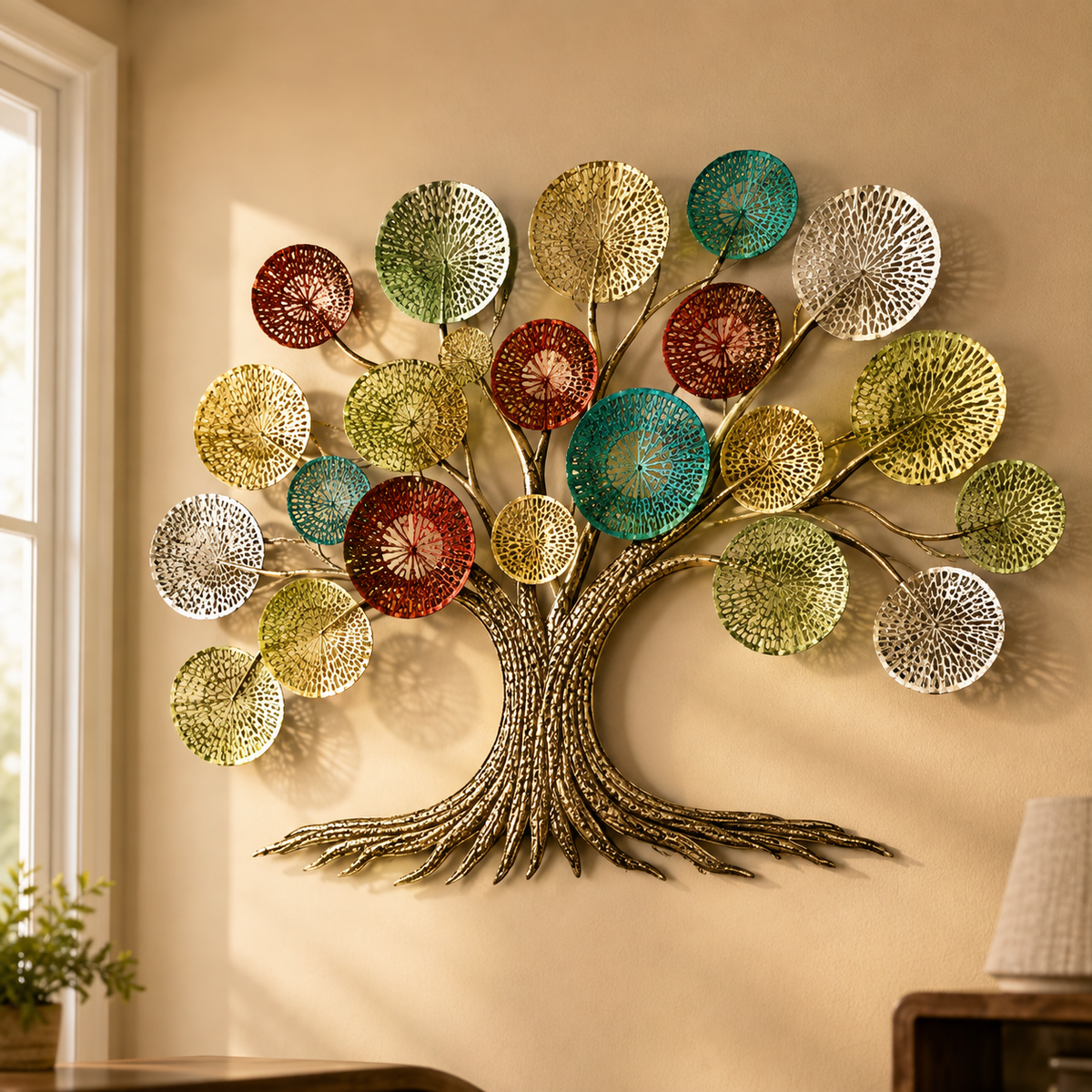 Metal tree wall art with coloured discs above a sofa