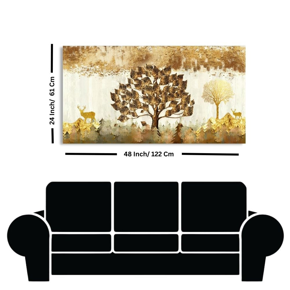 Buy Golden Deer in Beautiful Tree and Mountain Landscape Canvas Wall Painting
