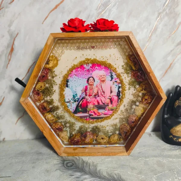 Resin LED Lights Varmala Preservation Hexagonal Photo Frame | Wedding Garland Photo Frame with Design | Artistic Night Lamp (12 Inch), LED Light Connection