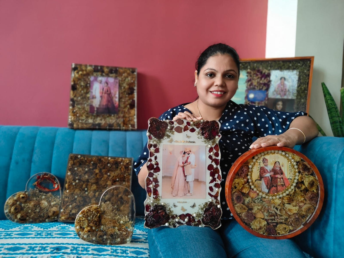 Varmala keepsakes made in our studio: frames, a round frame, a heart and resin blocks