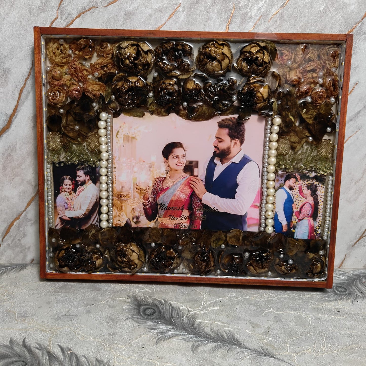Rectangle Varmala Flower Photo Frame with LED Lights | Wedding Anniversary Decoration Item (15x18 Inch) | Flower Preservation in LED Light Frame
