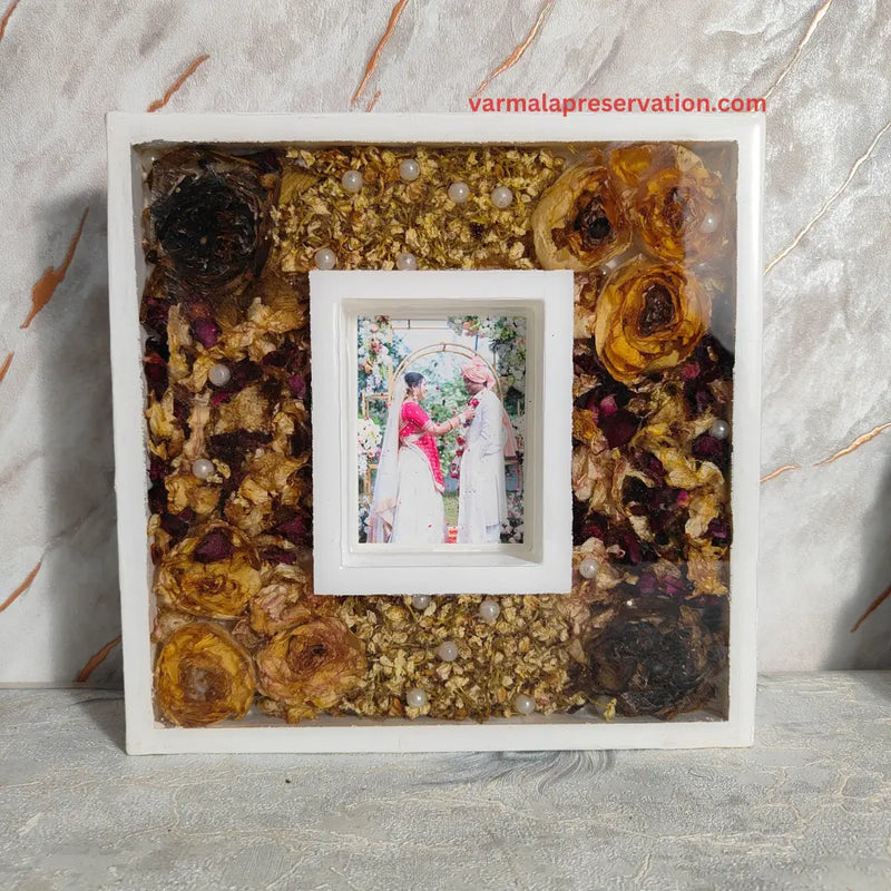 White Luxury Varmala Couple Photo Frame | Preserve Varmala in Square Wedding Keepsake | Table Decor Item with Pinewood Stand (10-inch)