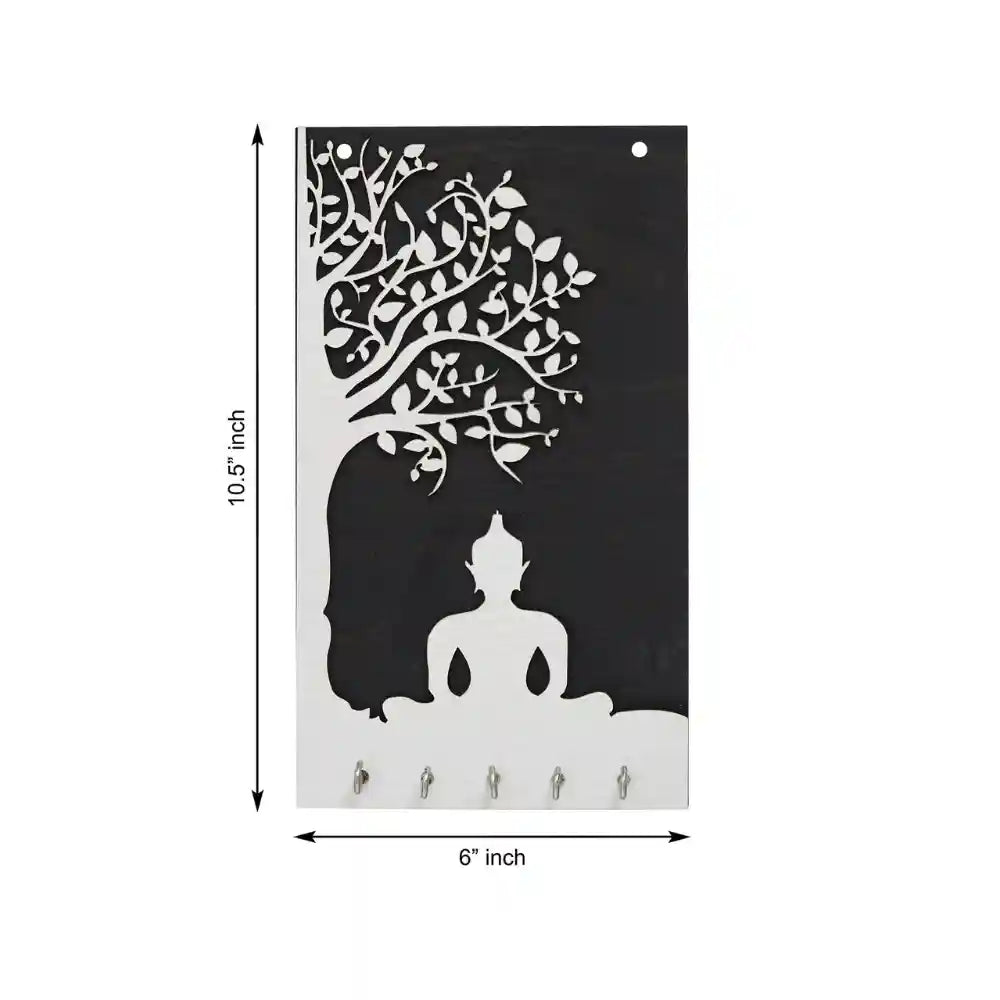 Premium Wooden Gautam Buddha Key Holder for Home and Office Decor (11 Inches, 5 Hooks)