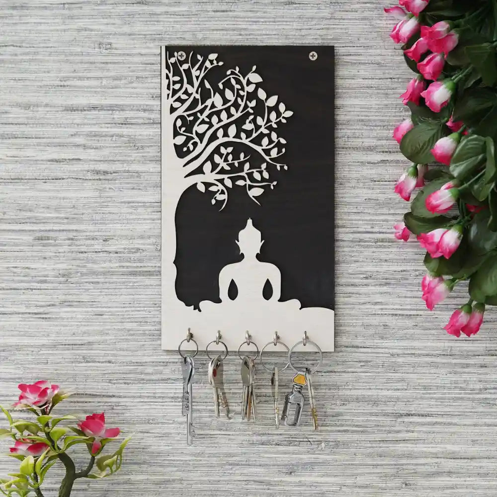 Premium Wooden Gautam Buddha Key Holder for Home and Office Decor (11 Inches, 5 Hooks)