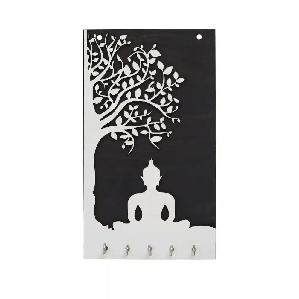 Premium Wooden Gautam Buddha Key Holder for Home and Office Decor (11 Inches, 5 Hooks)