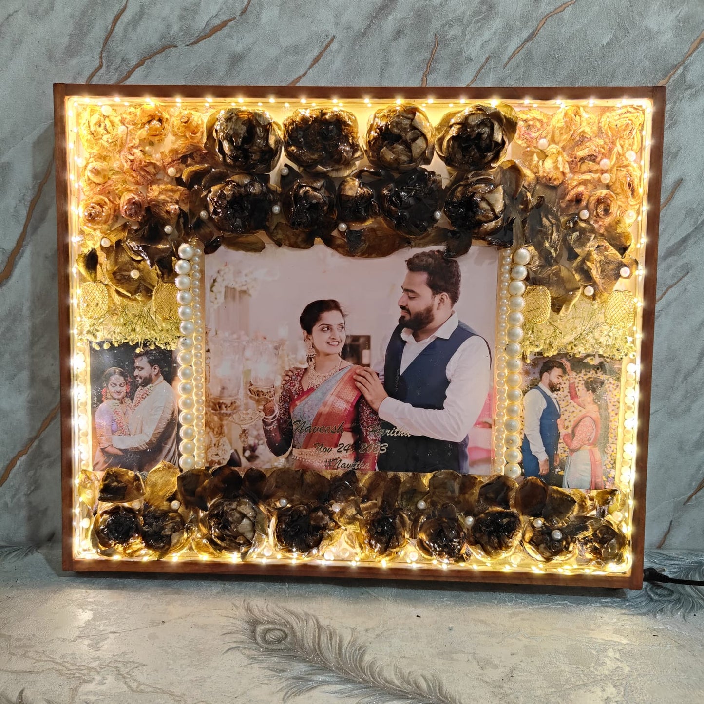 Rectangle Varmala Flower Photo Frame with LED Lights | Wedding Anniversary Decoration Item (15x18 Inch) | Flower Preservation in LED Light Frame