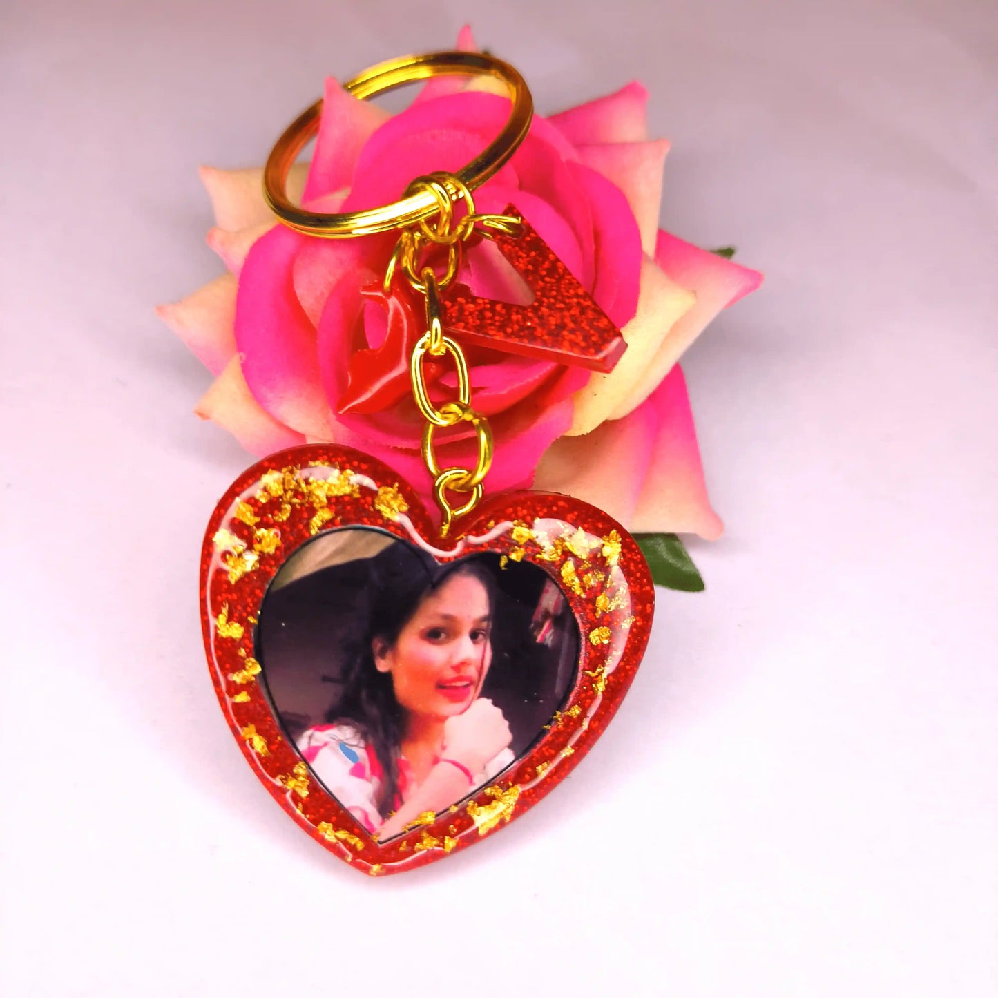 Heart-Shaped Photo Resin Keychains With Personalized Monogram for Girlfriend