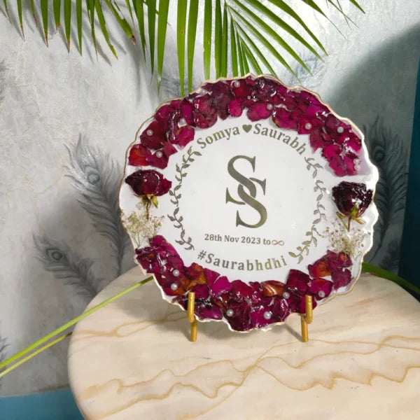Wedding Flower Preservation Round Agate Border Frame | Personalized Wedding Date & Couple Name Logo Preservation Frame | Metal Stand (10 Inch Frame)