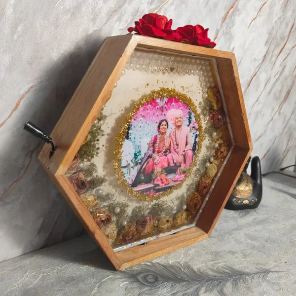 Resin LED Lights Varmala Preservation Hexagonal Photo Frame | Wedding Garland Photo Frame with Design | Artistic Night Lamp (12 Inch), LED Light Connection