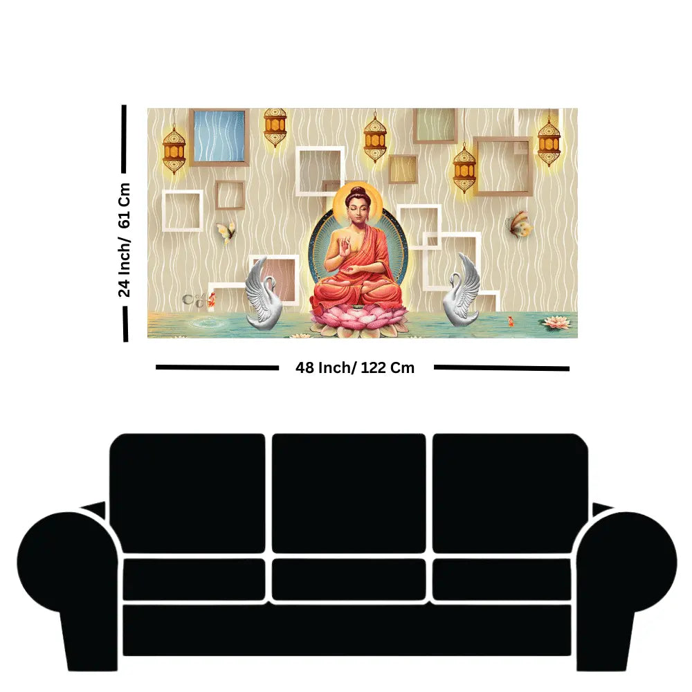Shop Serene Buddha sitting on a lotus with swans canvas painting Shop Serene Buddha sitting on a lotus with swans canvas painting