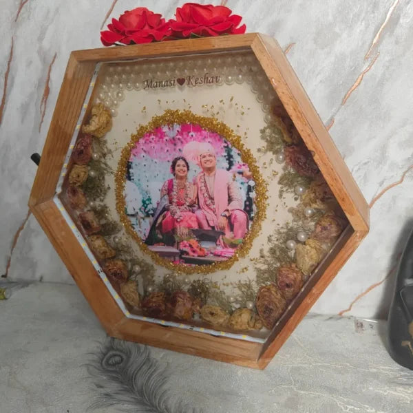 Resin LED Lights Varmala Preservation Hexagonal Photo Frame | Wedding Garland Photo Frame with Design | Artistic Night Lamp (12 Inch), LED Light Connection