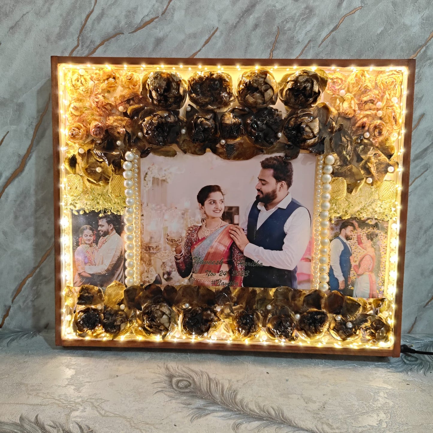 Rectangle Varmala Flower Photo Frame with LED Lights | Wedding Anniversary Decoration Item (15x18 Inch) | Flower Preservation in LED Light Frame