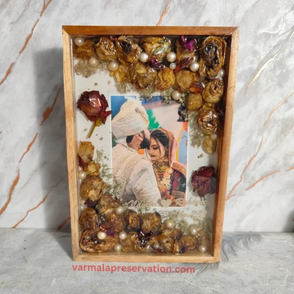 Wedding Garland Preservation in Rectangle Wooden Frame | Personalized Rose & Pearls Decor | Easy Wall Hanging with Inbuilt Hooks (8x12 Inch)