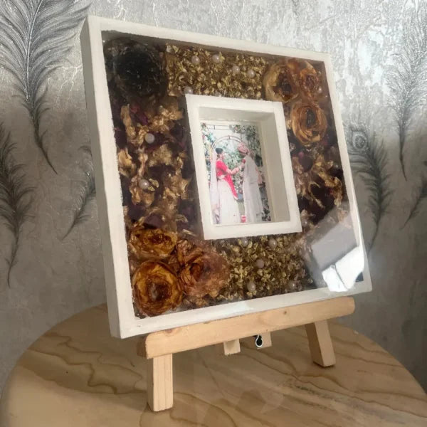 White Luxury Varmala Couple Photo Frame | Preserve Varmala in Square Wedding Keepsake | Table Decor Item with Pinewood Stand (10-inch)