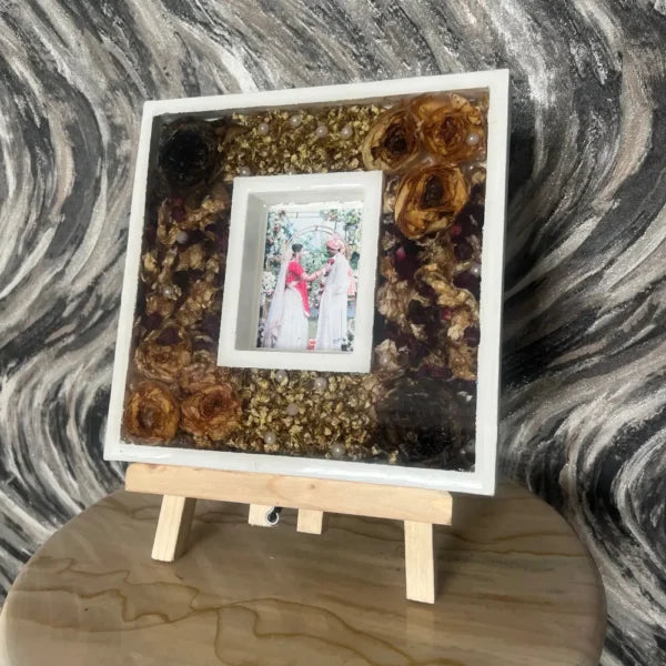 White Luxury Varmala Couple Photo Frame | Preserve Varmala in Square Wedding Keepsake | Table Decor Item with Pinewood Stand (10-inch)