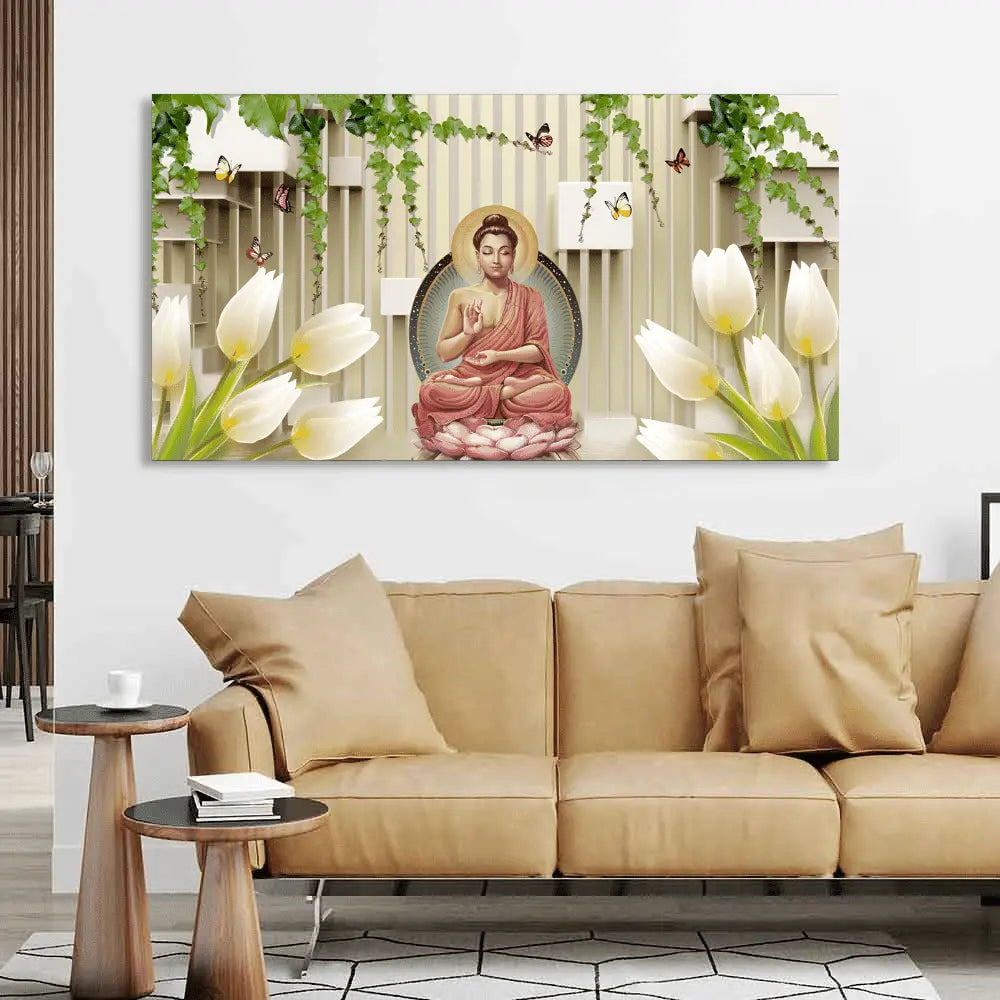 Lord Buddha Spiritual Canvas Wall Painting with 3d Flowers