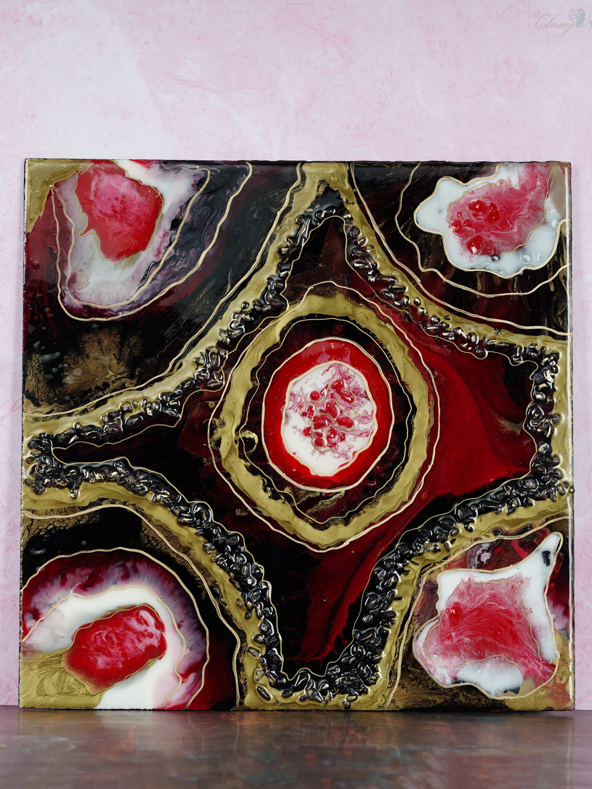 Resin Art Wall Piece With Red and Golden Geode For Gallery Wall, Gifting, Personal Reflection, Living Room Decor