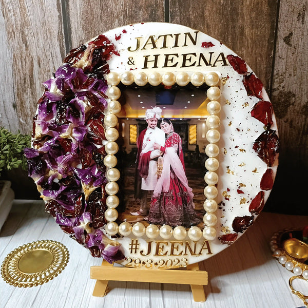 Round Varmala Photo Frame with Orchids, Names and Hashtag