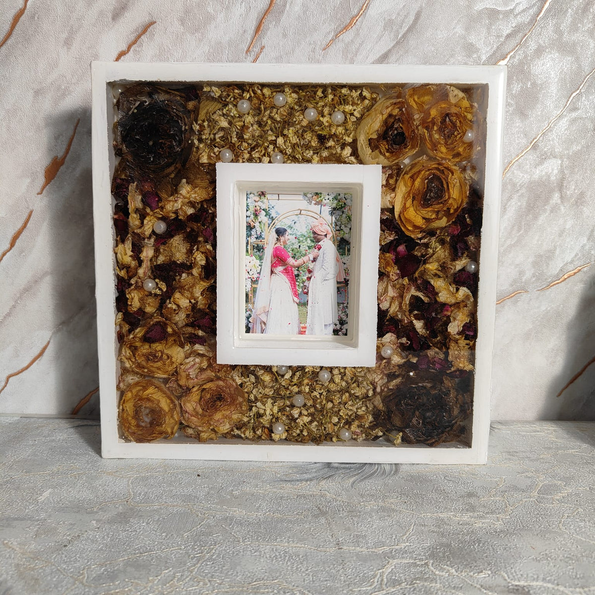 White Luxury Varmala Couple Photo Frame | Preserve Varmala in Square Wedding Keepsake | Table Decor Item with Pinewood Stand (10-inch)