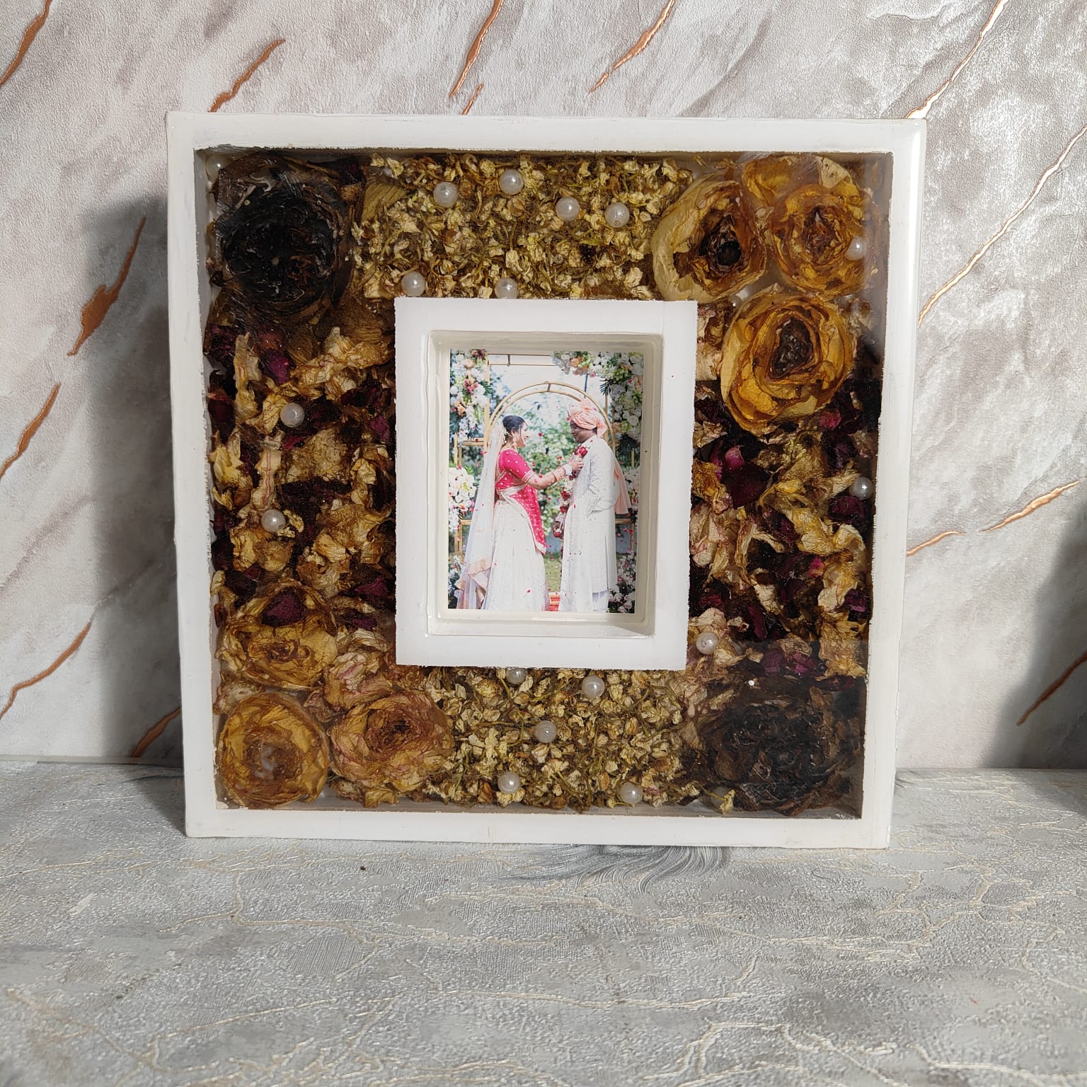 White Luxury Varmala Couple Photo Frame | Preserve Varmala in Square Wedding Keepsake | Table Decor Item with Pinewood Stand (10-inch)