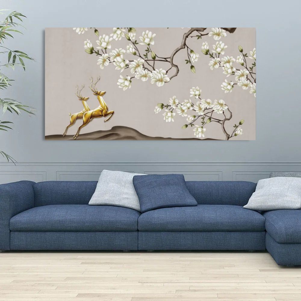 Tree Branches Flowers, Golden Deer and Mountains Canvas Wall Painting