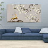 Tree Branches Flowers, Golden Deer and Mountains Canvas Wall Painting
