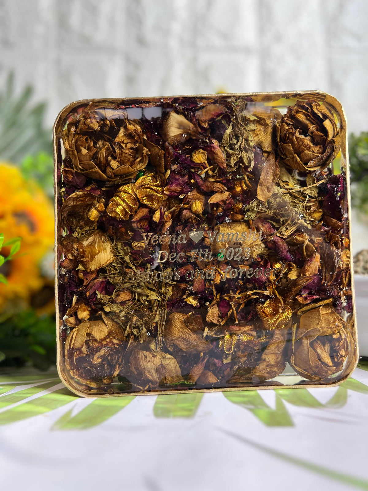 Resin 6inch Block with Lotus Flowers & Red roses petals with Name & Date Varmala Preservation