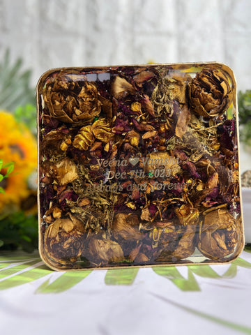 Resin 6inch Block with Lotus Flowers & Red roses petals with Name & Date Varmala Preservation