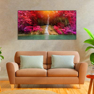 Pink Forest Waterfall at Sunset Canvas Painting, 48x24