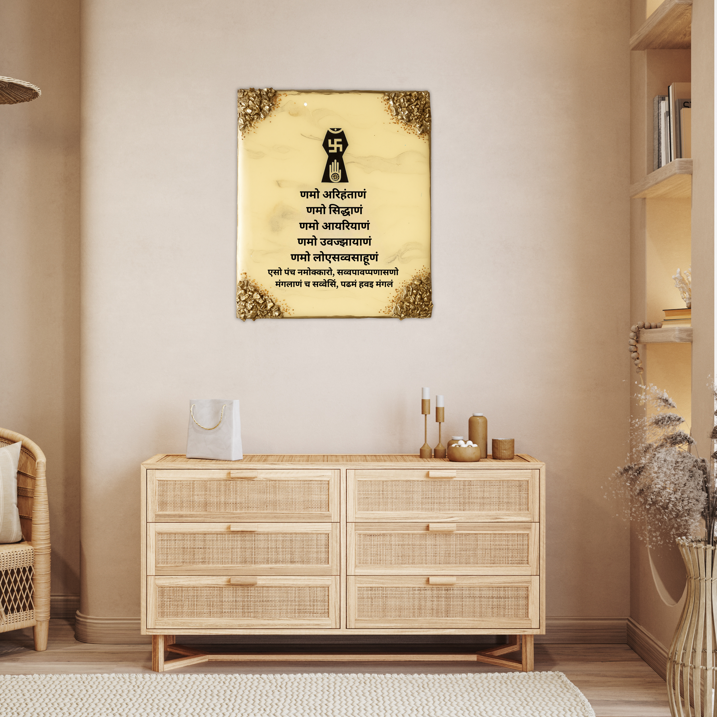 Resin 10 by 12 inch Navar Mantra frame with Yellow base Navkar Symbol