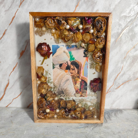 Wedding Garland Preservation in Rectangle Wooden Frame | Personalized Rose & Pearls Decor | Easy Wall Hanging with Inbuilt Hooks (8x12 Inch)