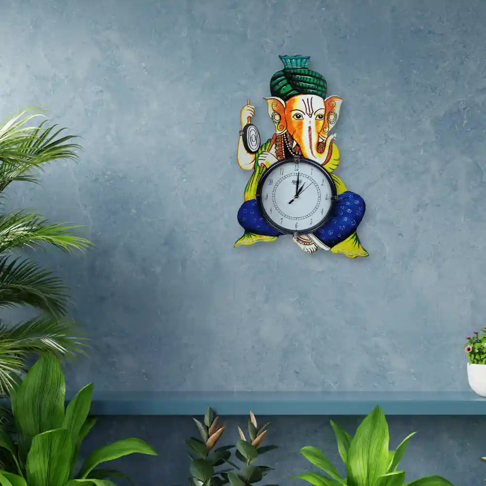 God Ganesha Antique Designer Wooden Wall Clock, Beautiful Handmade Lord Design Analog Clock