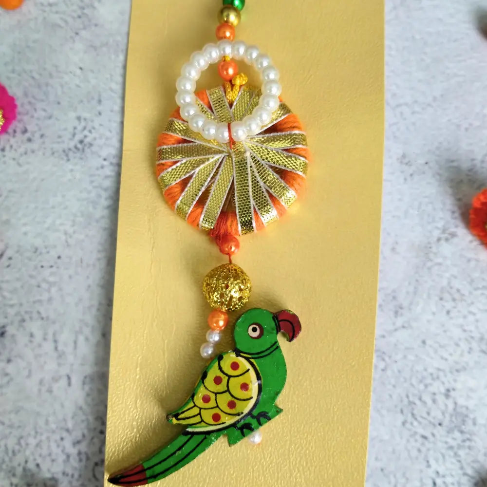 Lumba Bhabhi Rakhi White Pearls & Green Parrot