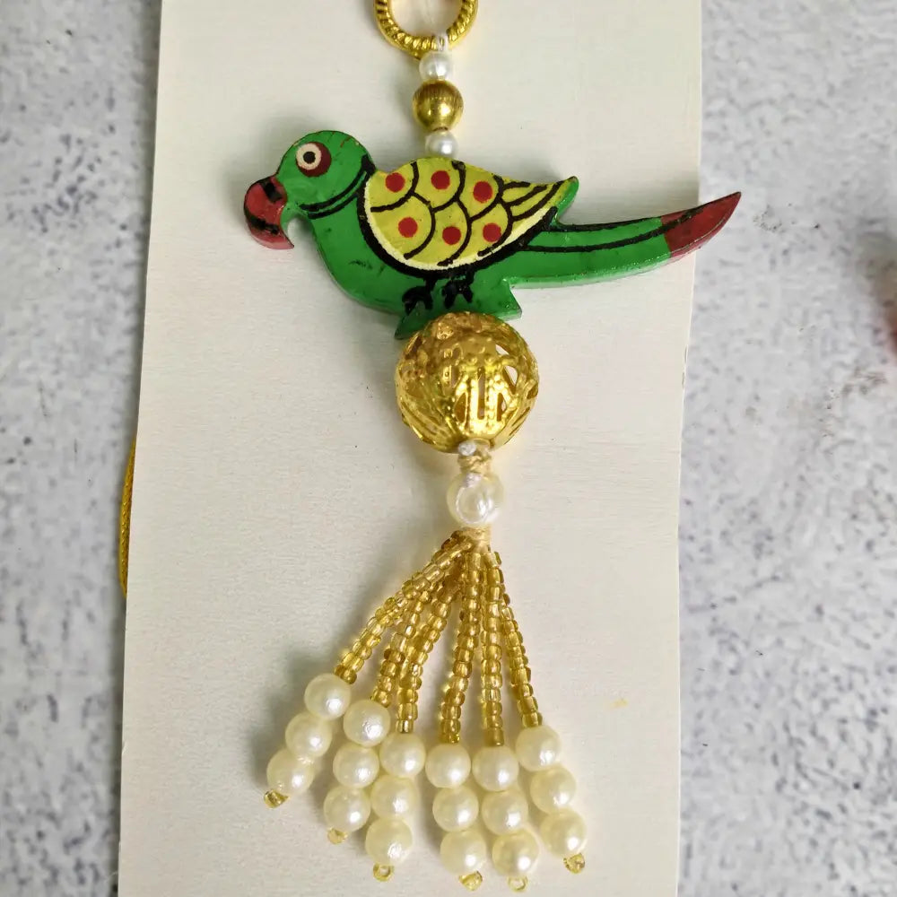 Lumba Bhabhi Rakhi White & Gold Pearls Green Parrot