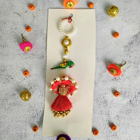 Lumba Bhabhi Rakhi With White & Gold Pearls Green Parrot