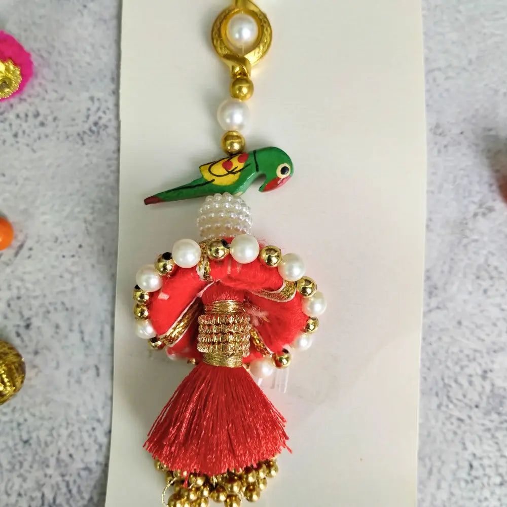 Lumba Bhabhi Rakhi With White & Gold Pearls Green Parrot