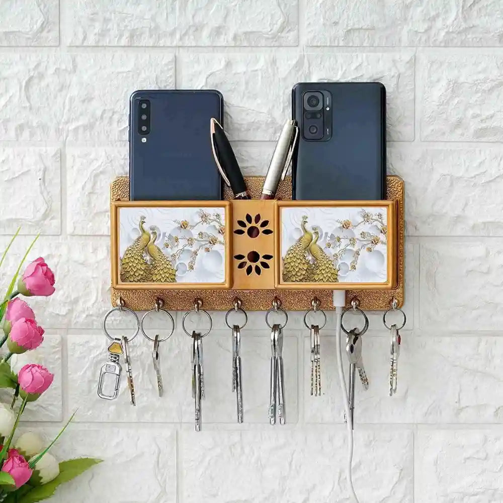 Multipurpose Wooden Key Holder with Dual Mobile Stand & Pen Slots (9.5 Inches)