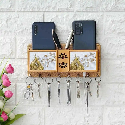 Multipurpose Wooden Key Holder with Dual Mobile Stand & Pen Slots (9.5 Inches)