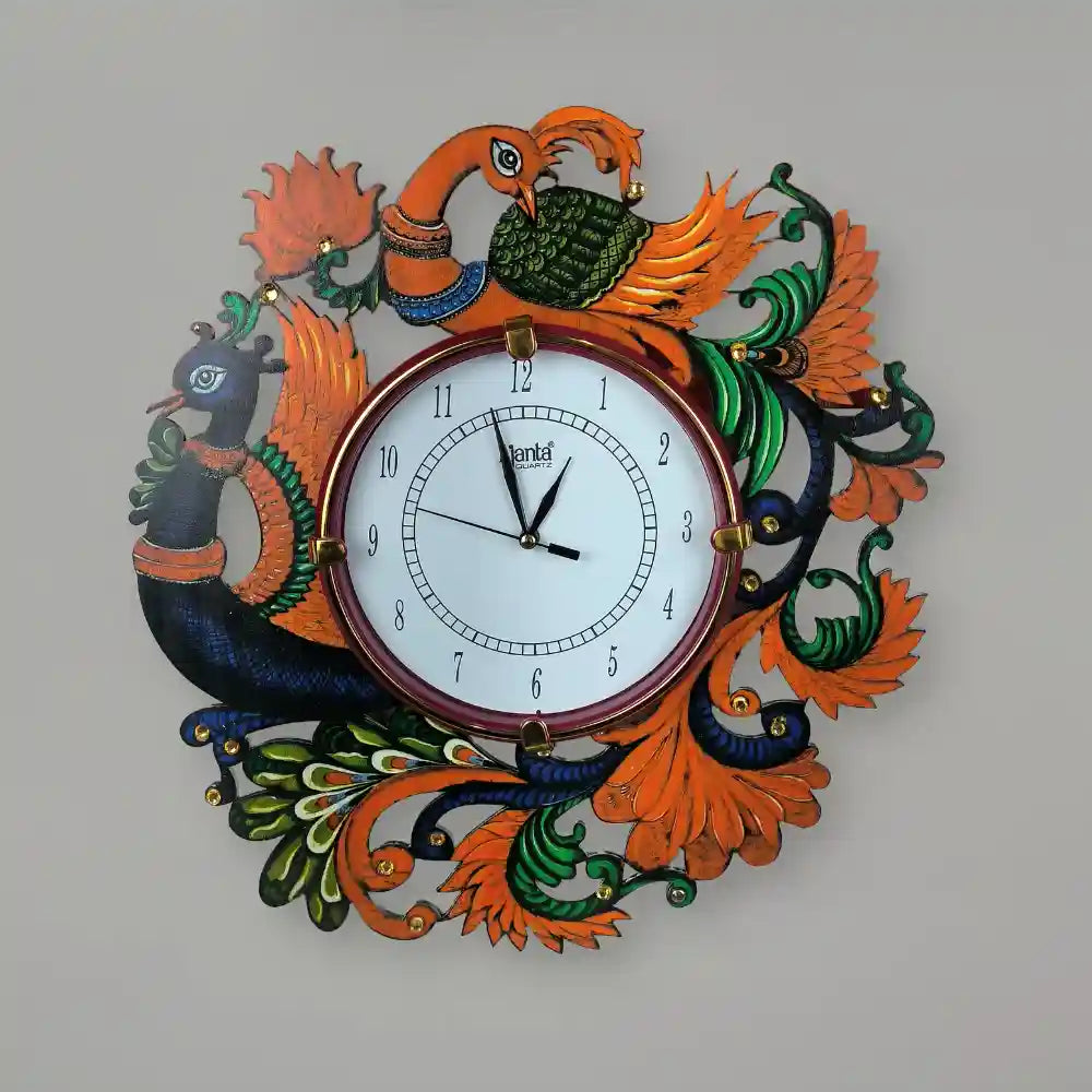 Fancy Stylish Peacock Wall Clock Antique Wooden Hand Made Multicolor Wall Clock