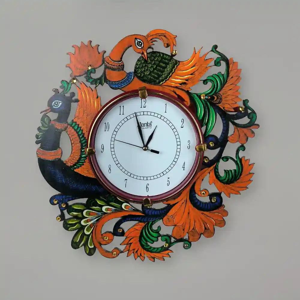 Fancy Stylish Peacock Wall Clock | Antique Wooden Handmade Multicolor Wall Clock