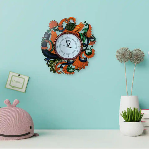 Fancy Stylish Peacock Wall Clock | Antique Wooden Handmade Multicolor Wall Clock