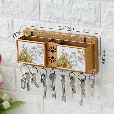 Multipurpose Wooden Key Holder with Dual Mobile Stand & Pen Slots (9.5 Inches)