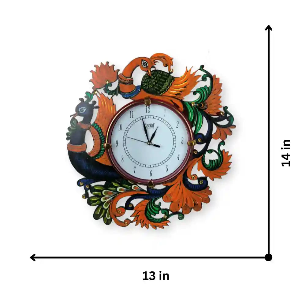 Fancy Stylish Peacock Wall Clock Antique Wooden Hand Made Multicolor Wall Clock
