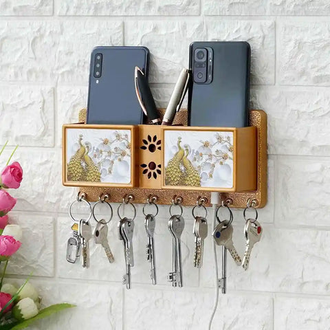 Multipurpose Wooden Key Holder with Dual Mobile Stand & Pen Slots (9.5 Inches)
