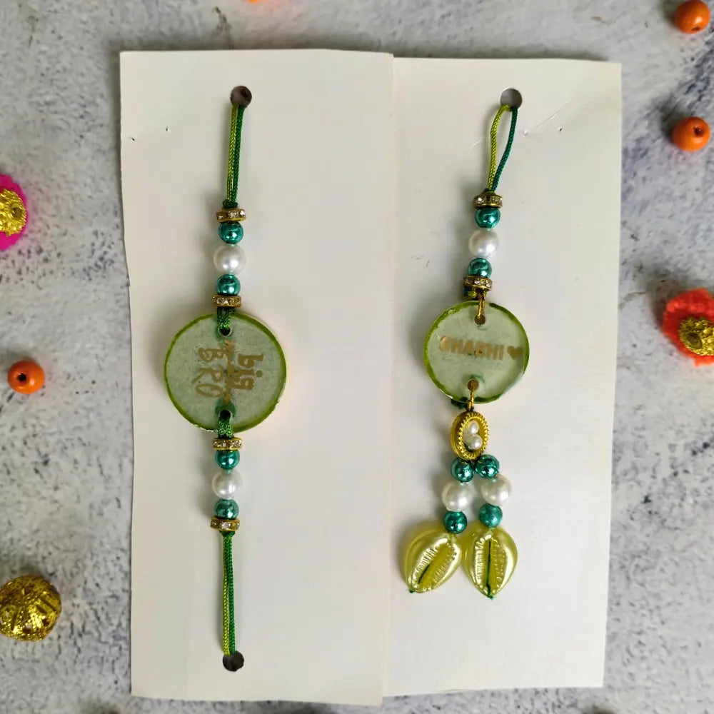 Light Green Resin Couple Rakhi For Big Bhaiya Bhabhi