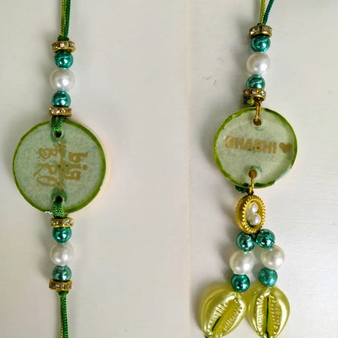 Light Green Resin Couple Rakhi For Big Bhaiya Bhabhi