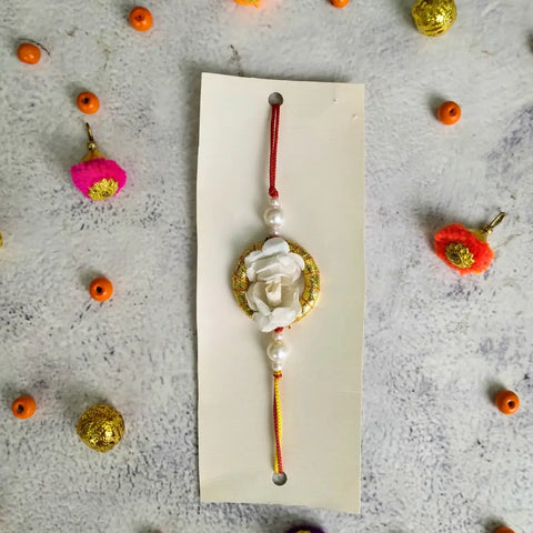 White Flower & Pearls Couple Rakhi For Bhaiya Bhabhi (Set OF Two)