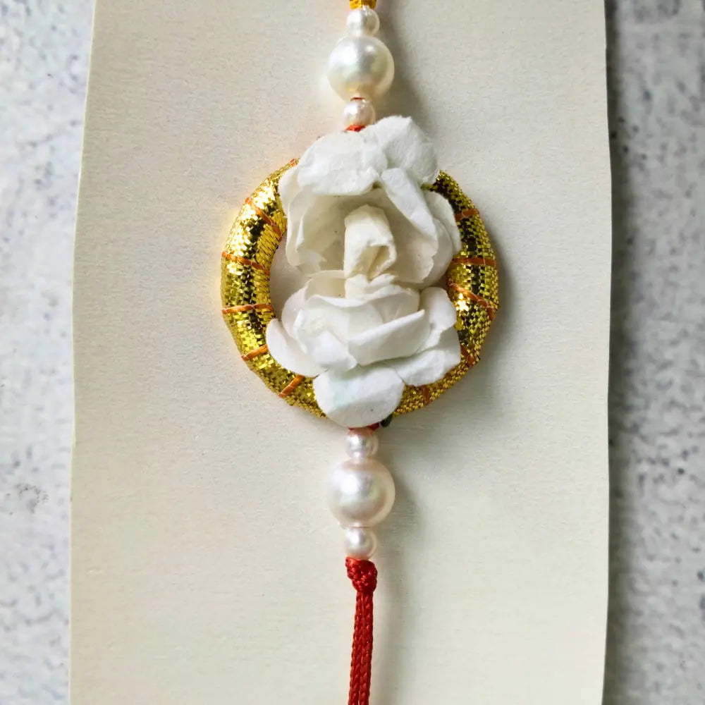 White Flower & Pearls Couple Rakhi For Bhaiya Bhabhi (Set OF Two)