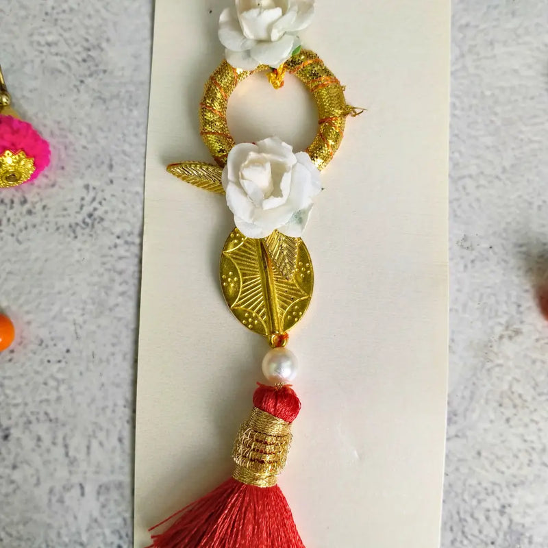 White Flower & Pearls Couple Rakhi For Bhaiya Bhabhi (Set OF Two)