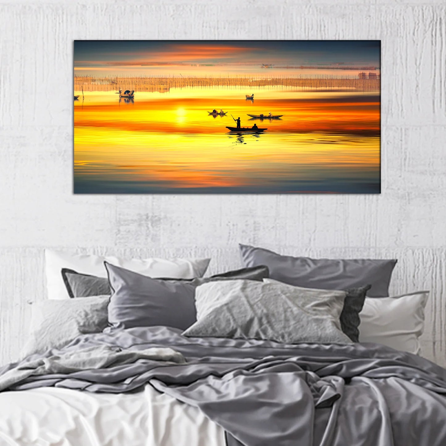 Small Boats of Fishermen at Sunset Canvas Print Wall Painting